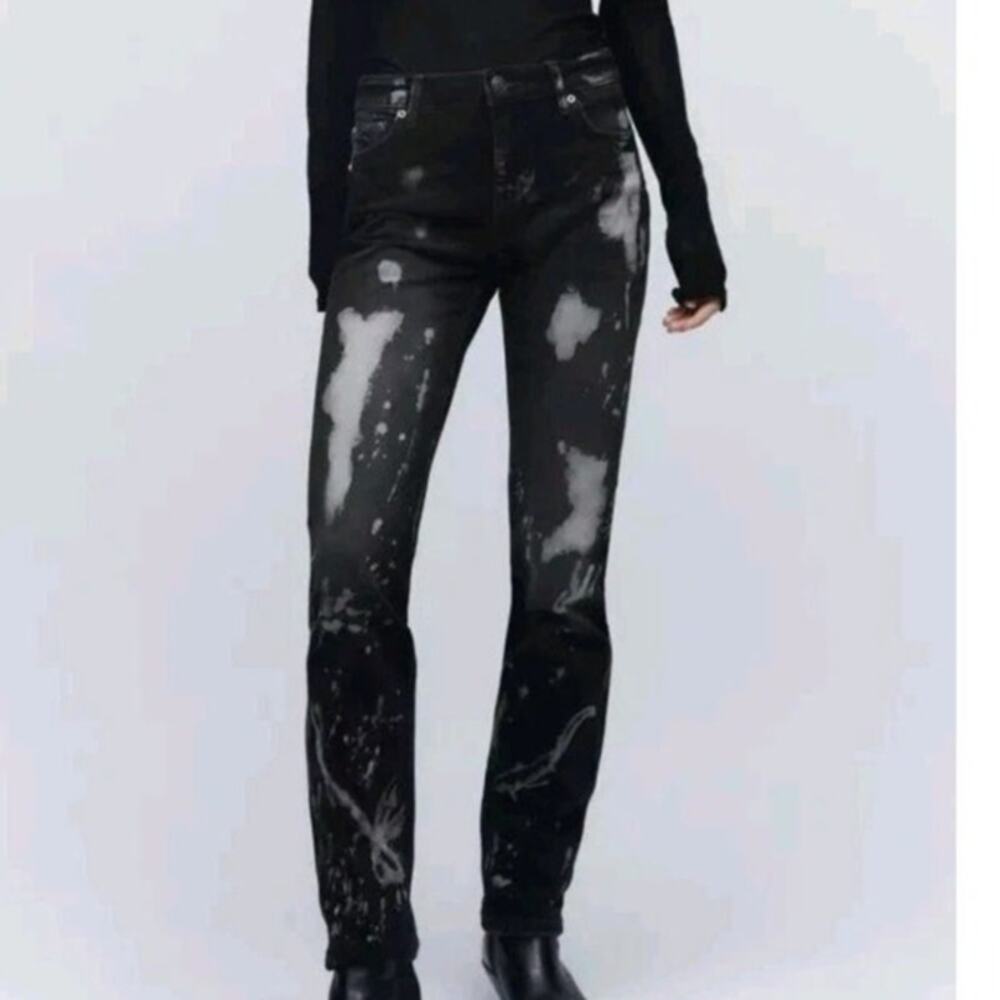 Zara The Bleached Cool Mid Waist Slim Straight Leg Denim Jean 6 Black White